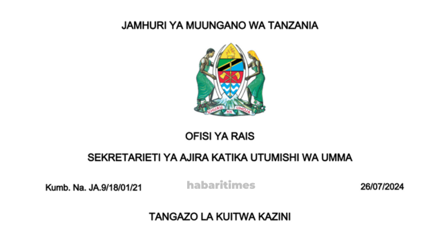 Kuitwa Kazini Utumishi leo Julai 2024