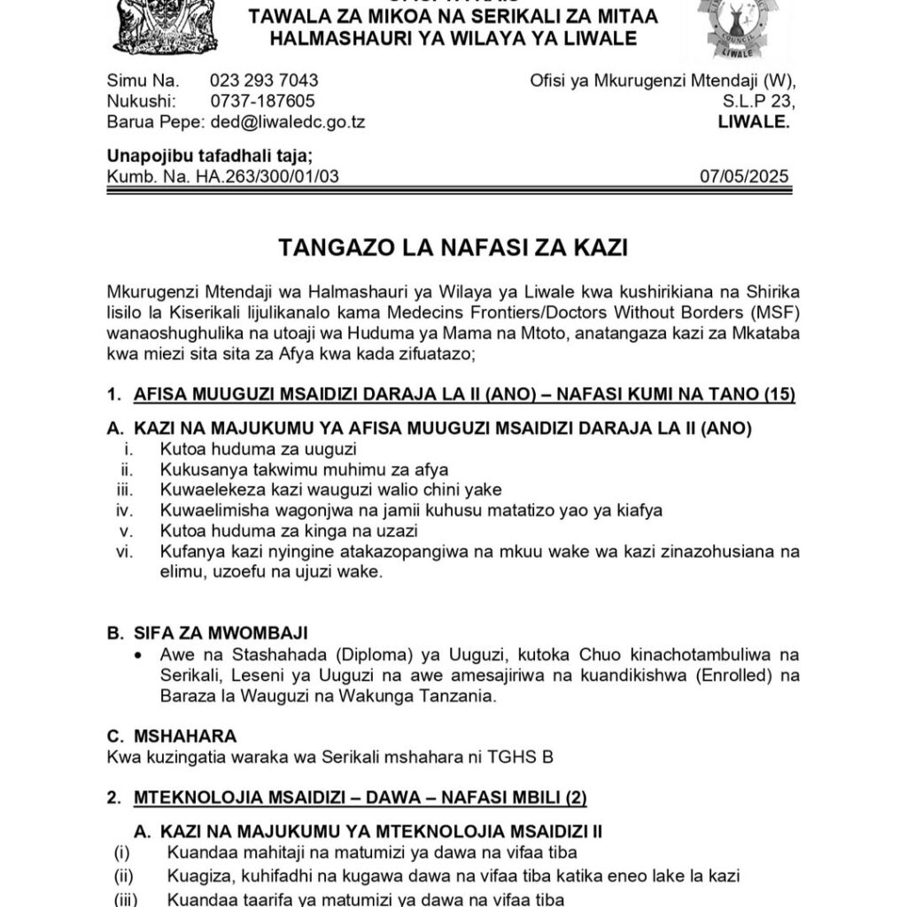 Nafasi za Kazi Wilaya ya Liwale 2025