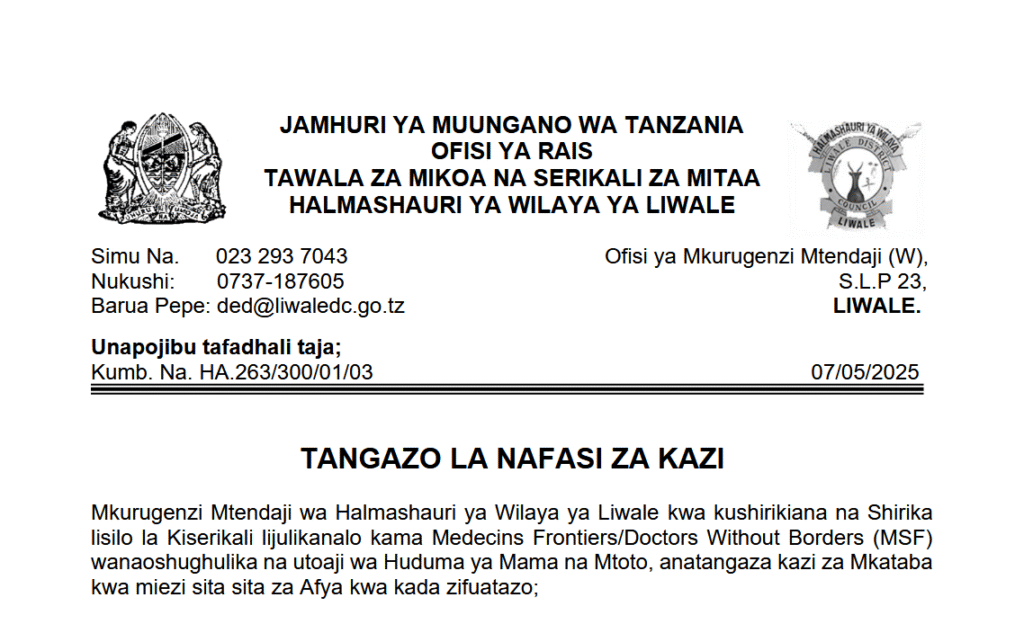 Nafasi za Mkataba MSF Tanzania 2025